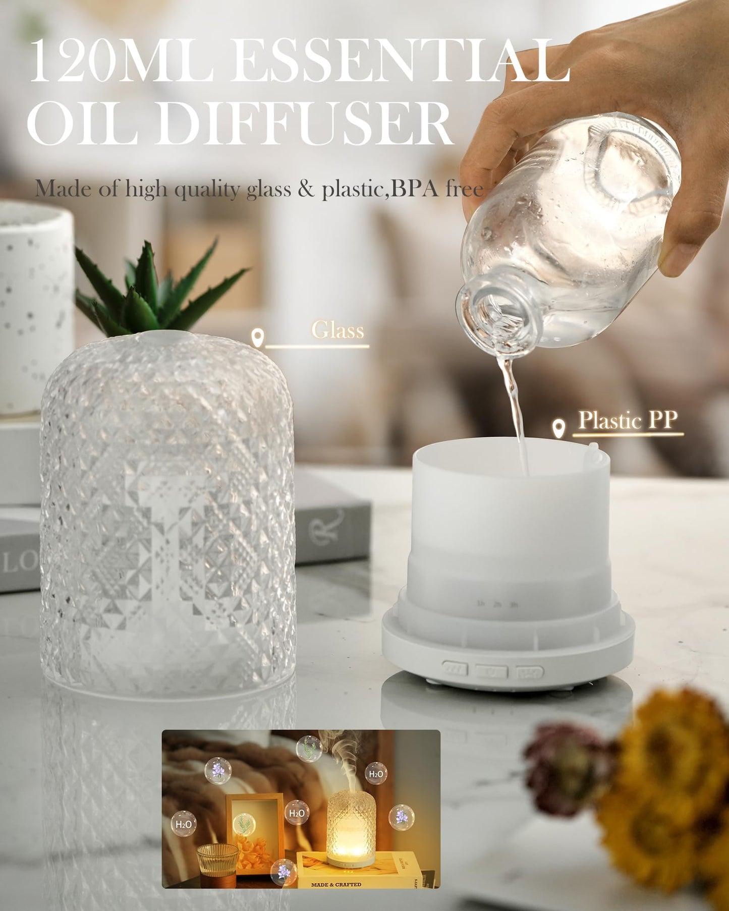 Onaboviva 120ml Glass Diffuser – Ultrasonic Aromatherapy, Auto Shut-Off
