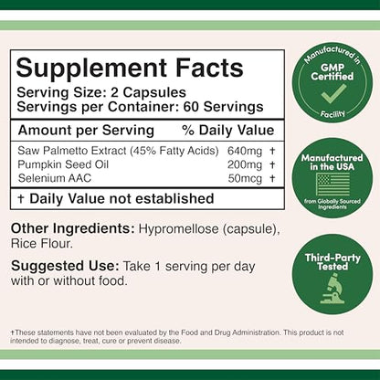 Prostate Support Supplement for Men (120 Capsules) – One Daily Serving | Saw Palmetto, Pumpkin Seed Oil, Selenium | Double Wood