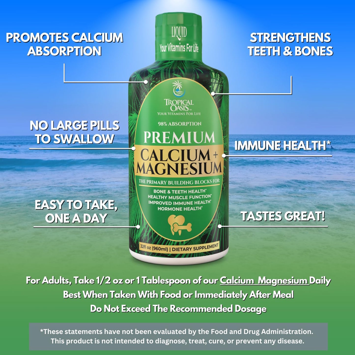 Tropical Oasis Liquid Calcium Magnesium – 98% Absorption – 32 Fl Oz (64 Serv)