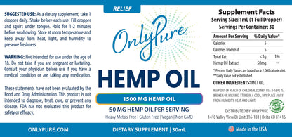 OnlyPure Relief Hemp Oil Drops – 1500 mg, 30 mL | Wellness, Sleep & Relaxation | All-Natural, MCT Oil, Non-GMO, Vegan