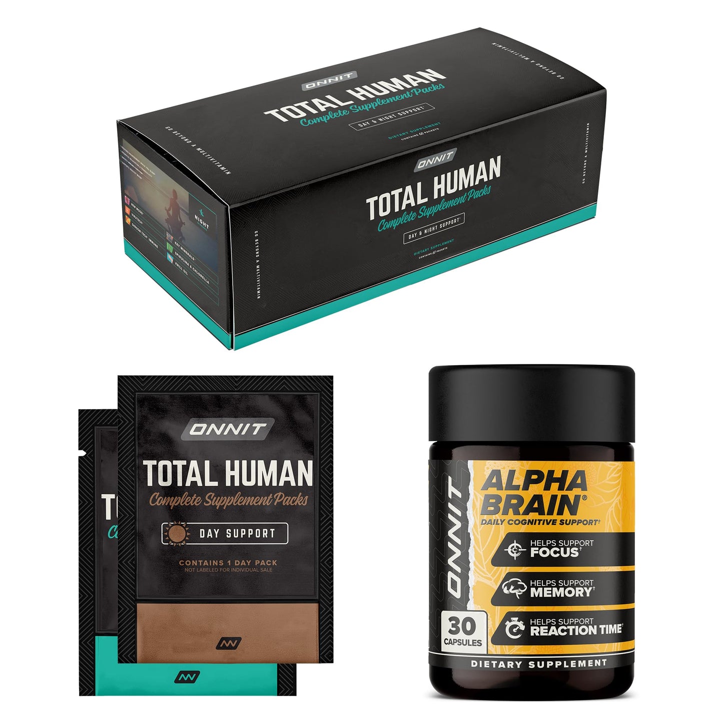 ONNIT Alpha Brain Bundle: 30-Count Nootropic + Total Human Day/Night Packs