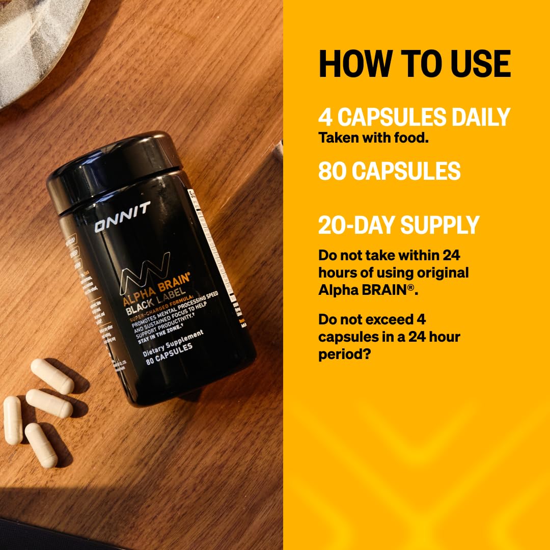 ONNIT Alpha Brain Black Label Capsules – Non-GMO Citicoline Brain Support for Focus & Clarity | 80 Count