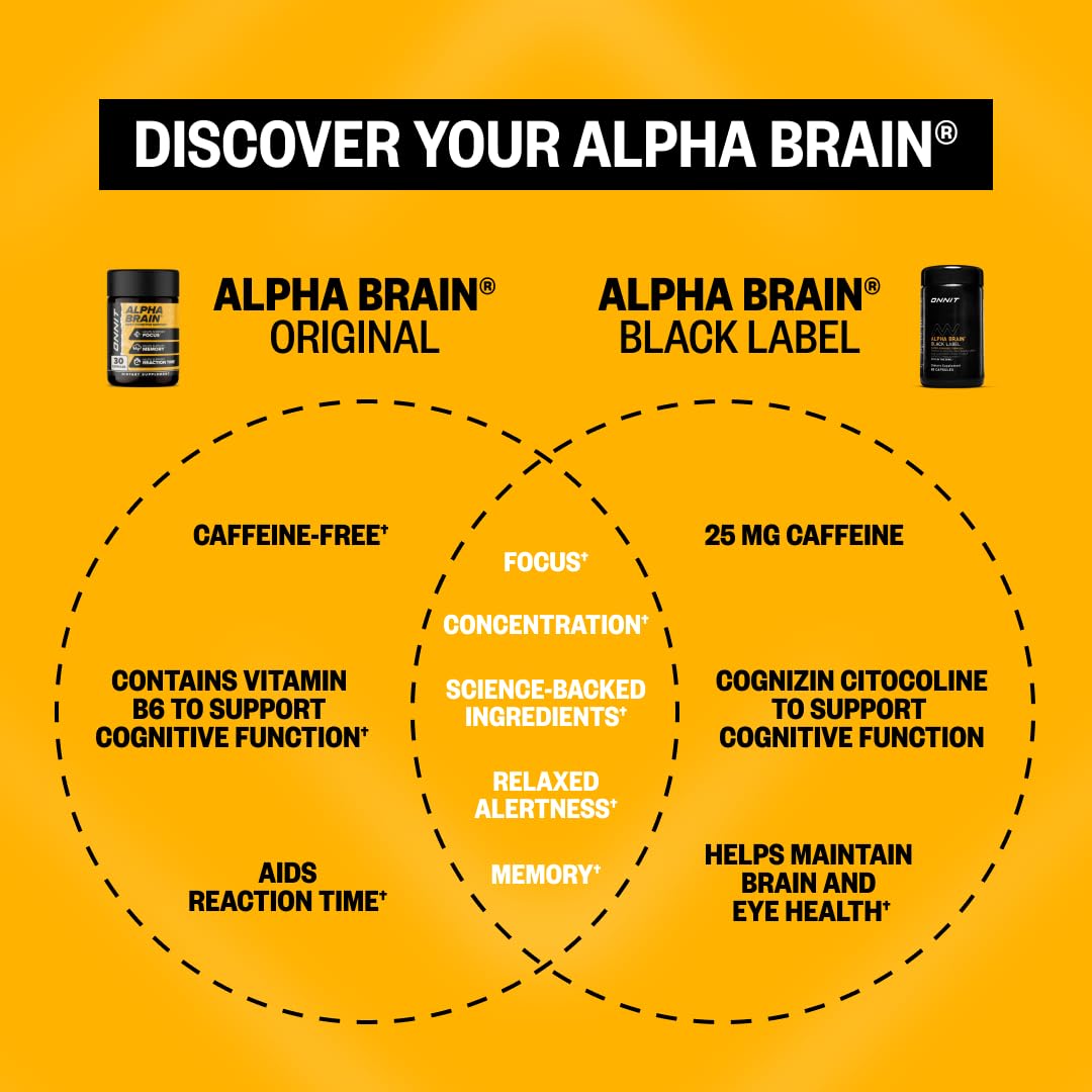 ONNIT Alpha Brain Black Label Capsules – Non-GMO Citicoline Brain Support for Focus & Clarity | 80 Count