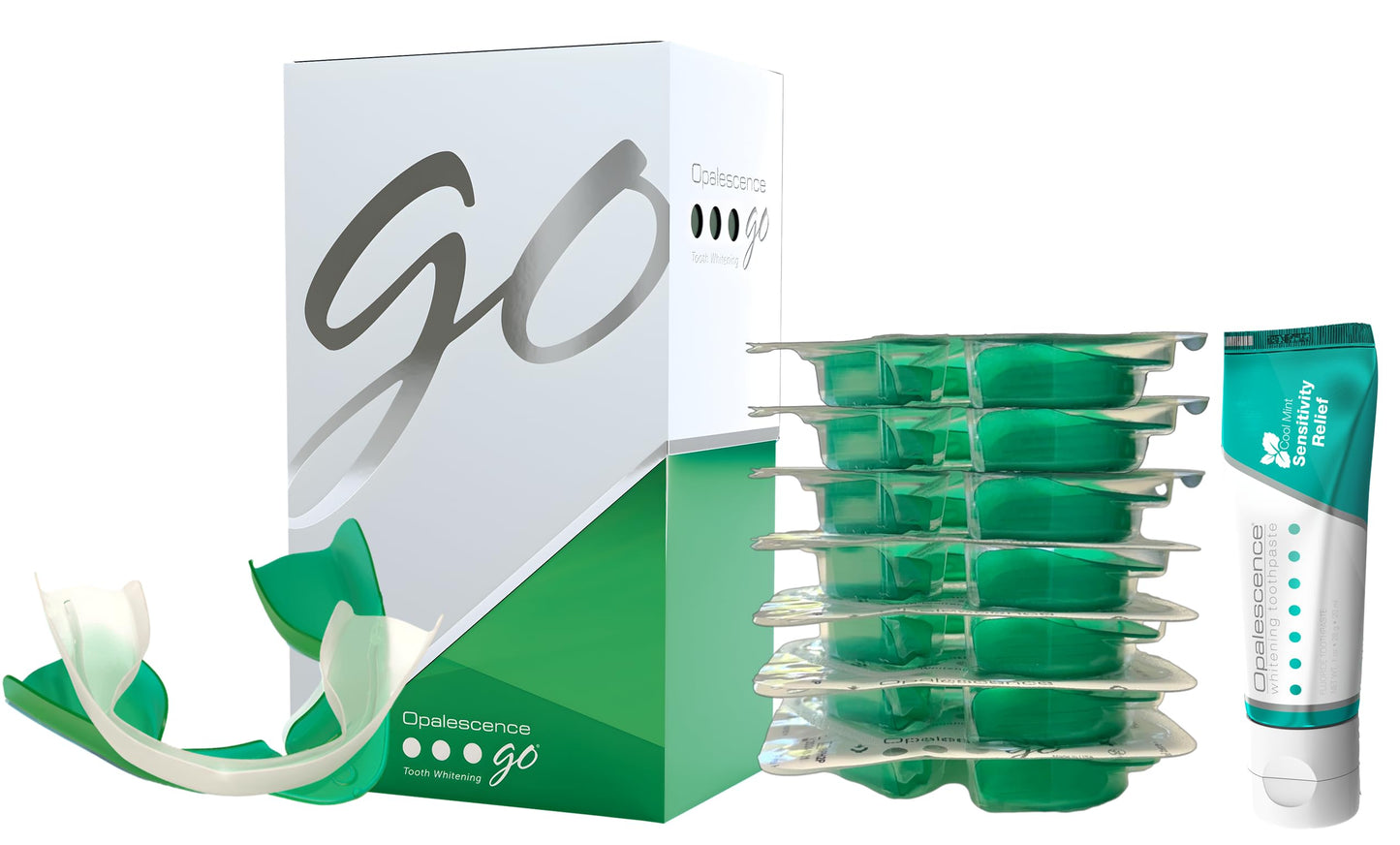 Opalescence GO 15 Whitening Bundle | 7 Treatments | Prefilled Trays + Travel Sensitive Toothpaste Mint
