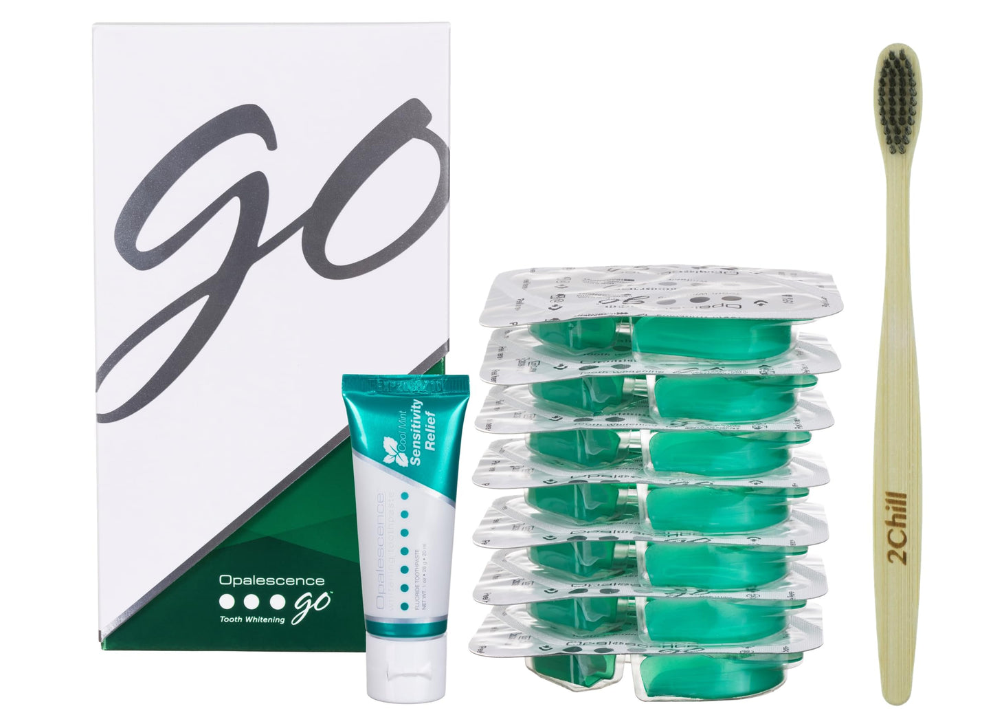 Opalescence GO 15 Whitening Bundle | 7 Treatments | Prefilled Trays + Travel Sensitive Toothpaste Mint