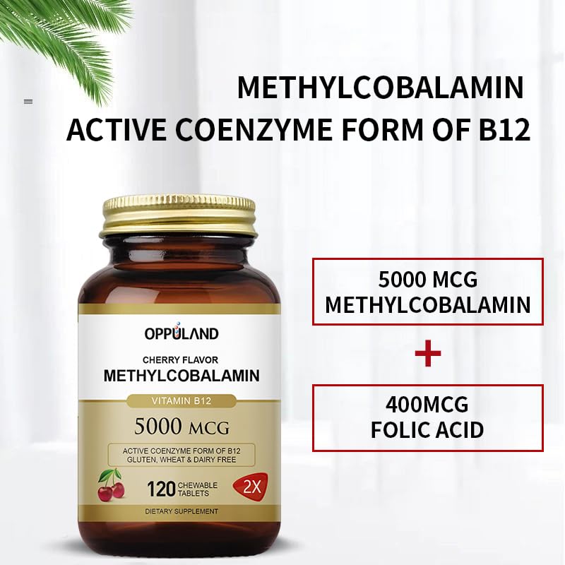 Oppuland Methyl B-12 5000mcg Chewable with Folate – Vegan B12, 120 Count