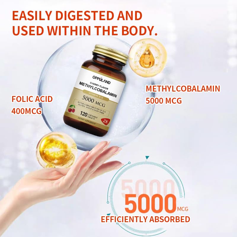 Oppuland Methyl B-12 5000mcg Chewable with Folate – Vegan B12, 120 Count