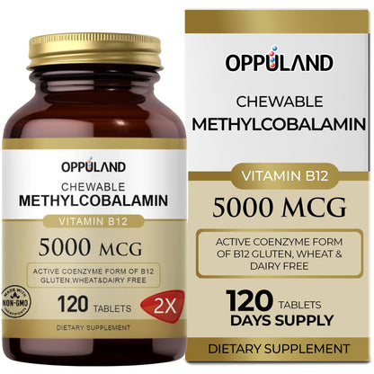 Oppuland Methyl B-12 5000mcg Chewable with Folate – Vegan Sublingual Tablets (Orange) – 120 Count