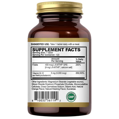 Oppuland Methyl B-12 5000mcg Chewable with Folate – Vegan Sublingual Tablets (Orange) – 120 Count