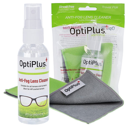 OptiPlus Anti-Fog Lens Cleaning Spray & Dual Microfiber Cloth – Streak-Free Defogger (2oz)