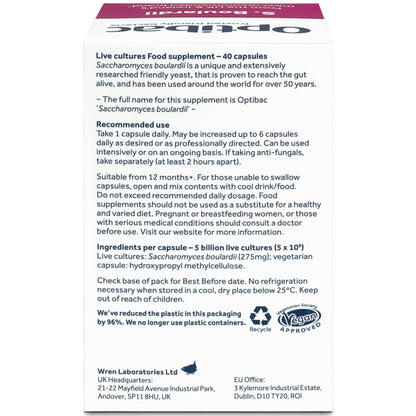 Optibac Probiotics Saccharomyces boulardii – Vegan, 5 Billion CFU, 40 Capsules