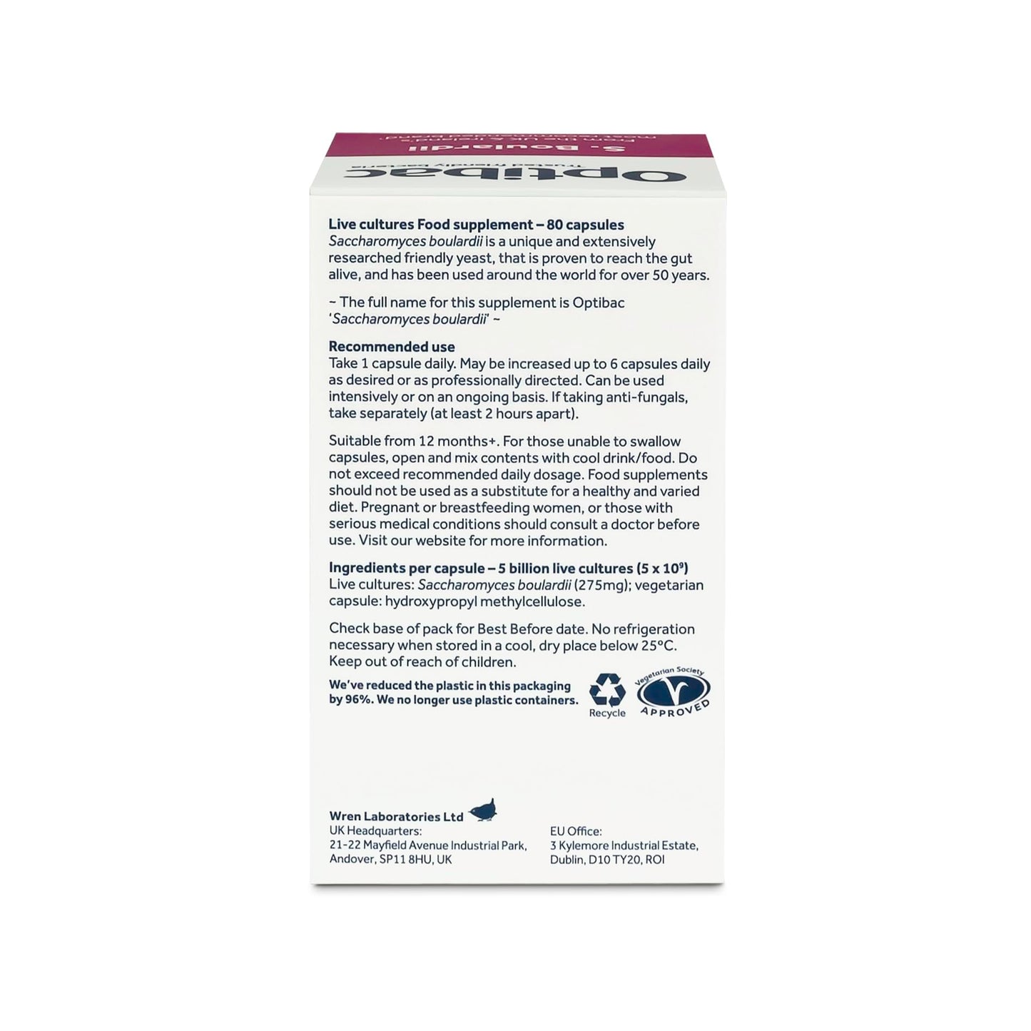 OptiBac Saccharomyces boulardii | 5 Billion Live Cultures | Vegan & Gluten Free | 80 Capsules