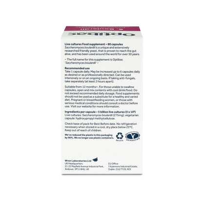 OptiBac Saccharomyces boulardii | 5 Billion Live Cultures | Vegan & Gluten Free | 80 Capsules