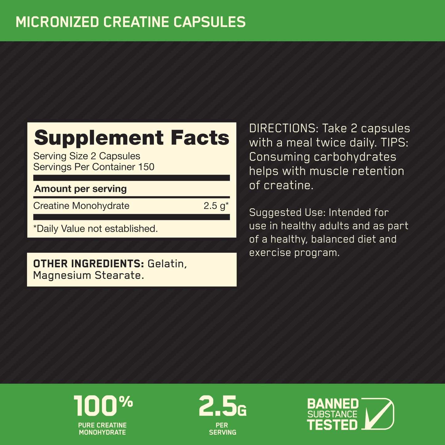 Optimum Nutrition Creatine 2500 Caps – 300 Capsules | 2,500 mg Creapure Monohydrate, Keto Friendly