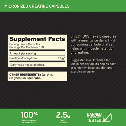 Optimum Nutrition Creatine 2500 Caps – 300 Capsules | 2,500 mg Creapure Monohydrate, Keto Friendly
