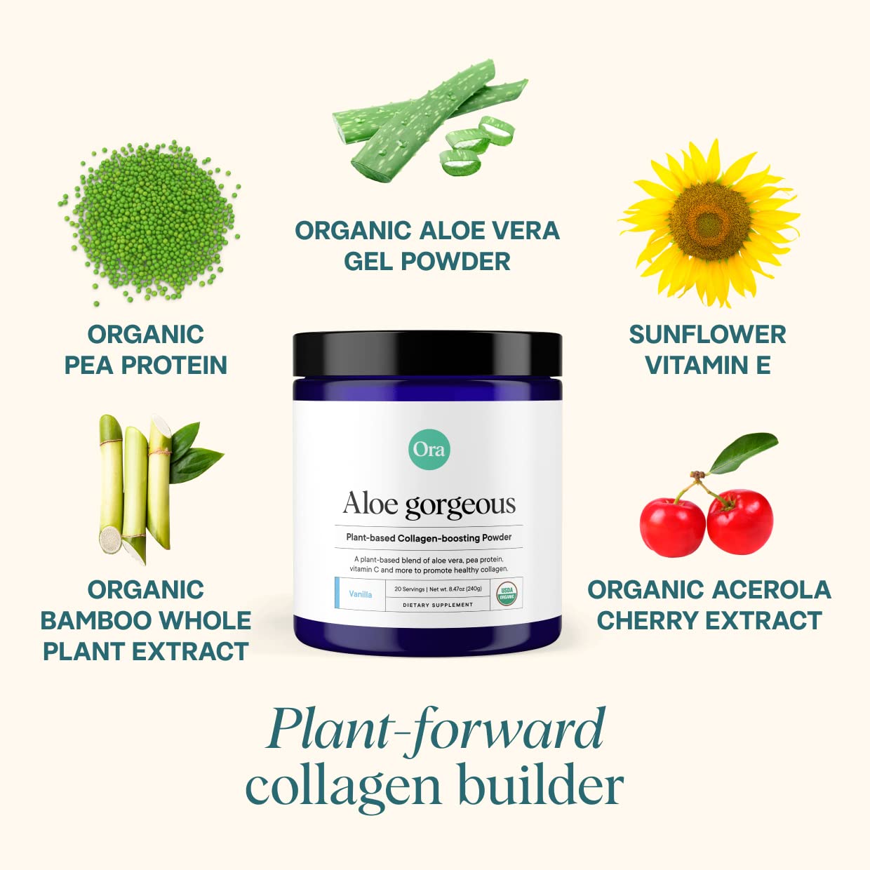 Ora Organic Vegan Collagen-Boosting Powder for Hair, Skin & Nails – Vanilla, 20 Servings