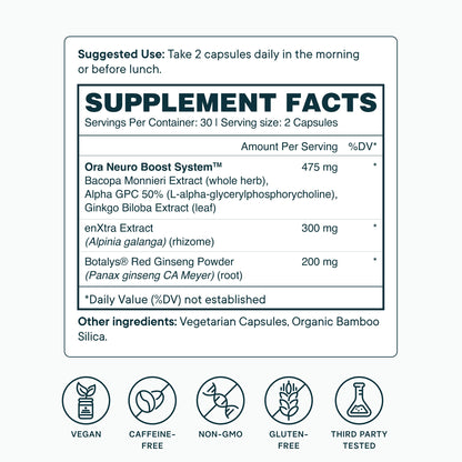 Ora Organic Brain Health Supplement for Focus, Mental Energy & Memory - Panax Red Ginseng, Bacopa Monnieri, Alpha GPC & EnXtra - 60 Capsules