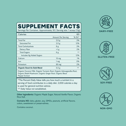 Ora Organic Golden Milk Powder with Turmeric & Adaptogens – Maple & Vanilla, 30 Servings