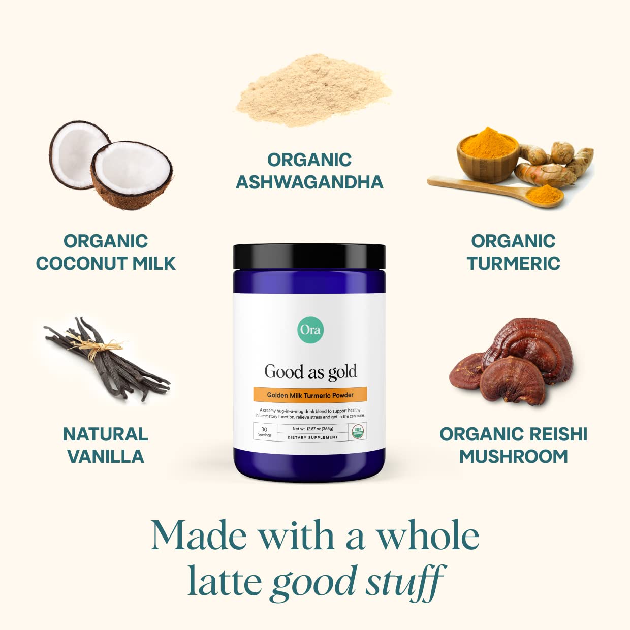Ora Organic Golden Milk Powder with Turmeric & Adaptogens – Maple & Vanilla, 30 Servings