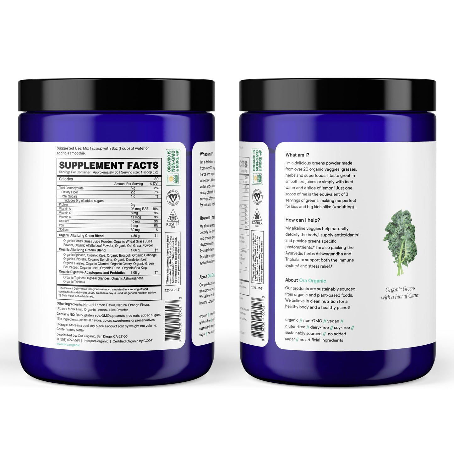 Ora Organic Greens Powder – Citrus Flavor, 30 Servings | Vegan, Gluten-Free, 20+ Organic Greens + Adaptogens