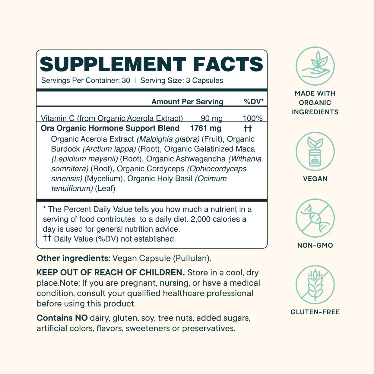 Ora Organic Hormone Balance for Women | Hormonal Acne & PMS Support | 90 Capsules