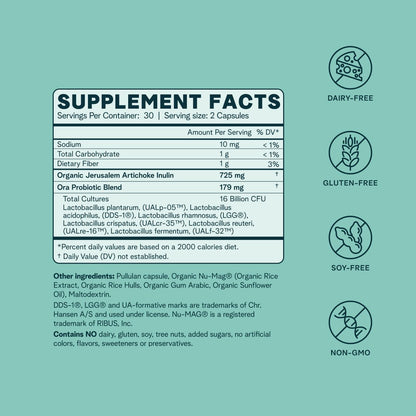 Ora Organic Prebiotics & Probiotics for Women — 16B CFU, 6 Strains, 60 Vegan Capsules