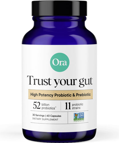 Ora Organic Probiotics with Prebiotics — 52 Billion CFU, 11 Strains, Gluten Free, 60 Capsules