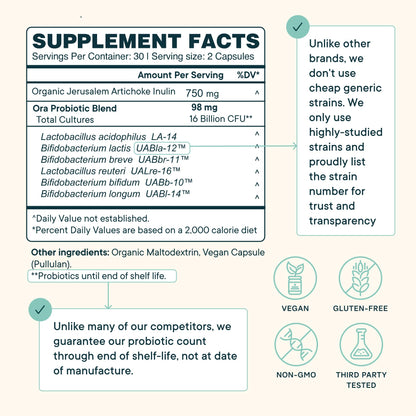 Ora Organic Probiotics with Prebiotics – 16 Billion CFU, 6 Strains (L. Acidophilus, L. Reuteri, B. Bifidum, B. Breve, B. Lactis, B. Longum)