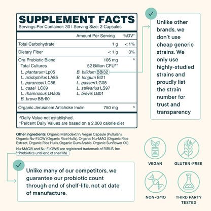 Ora Organic Probiotics with Prebiotics — 52 Billion CFU, 11 Strains, Gluten Free, 60 Capsules