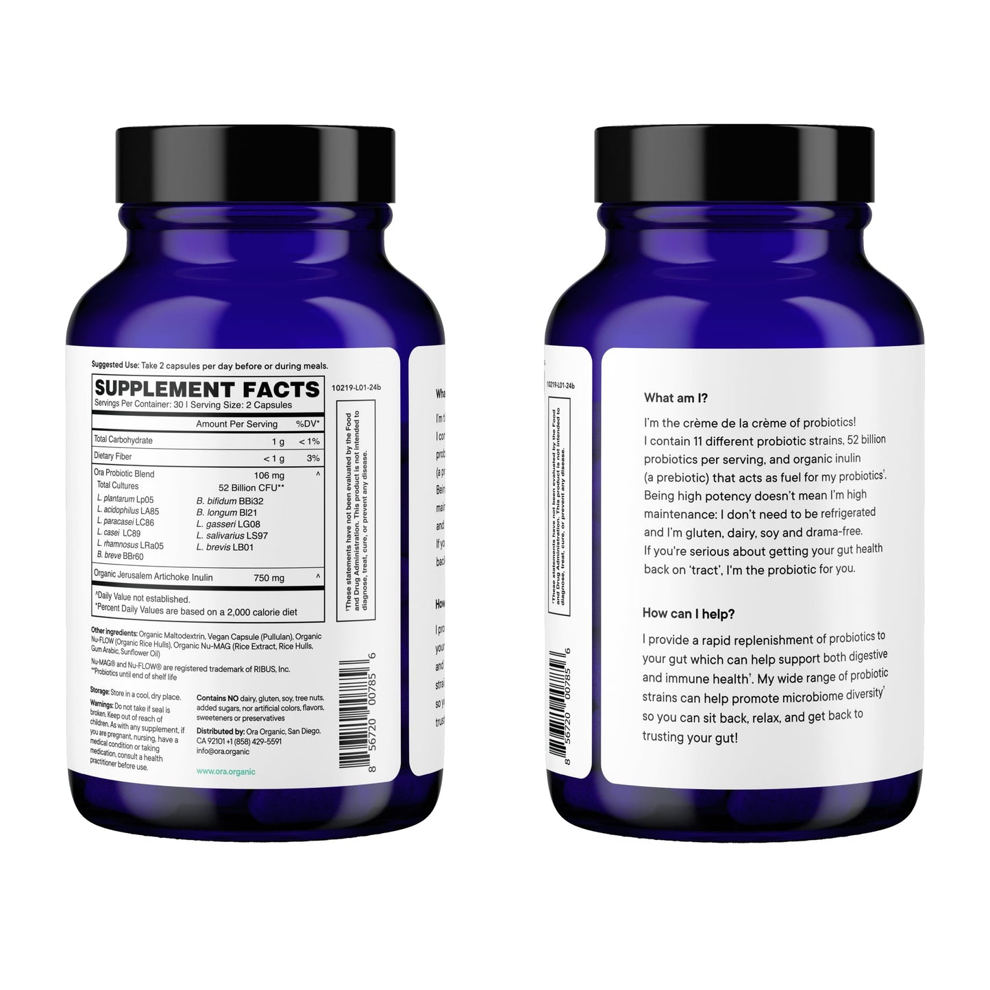 Ora Organic Probiotics with Prebiotics — 52 Billion CFU, 11 Strains, Gluten Free, 60 Capsules