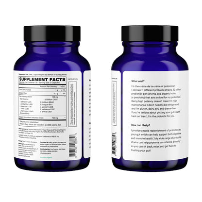 Ora Organic Probiotics with Prebiotics — 52 Billion CFU, 11 Strains, Gluten Free, 60 Capsules