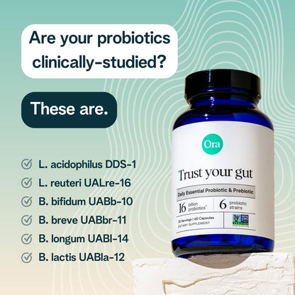 Ora Organic Probiotics with Prebiotics – 16 Billion CFU, 6 Strains (L. Acidophilus, L. Reuteri, B. Bifidum, B. Breve, B. Lactis, B. Longum)