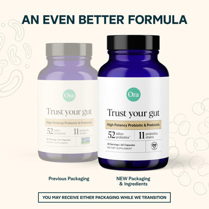 Ora Organic Probiotics with Prebiotics — 52 Billion CFU, 11 Strains, Gluten Free, 60 Capsules