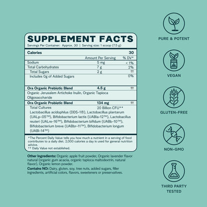 Ora Organic Prebiotic & Probiotic Powder – 20B CFU, 7 Strains, Lavender Lemonade, 30 Servings