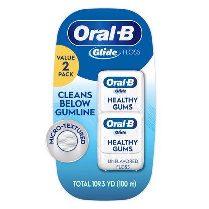 Oral-B Glide Healthy Gums Unflavored Floss — 2 Pack, 50m Each, Smooth & Shred-Resistant
