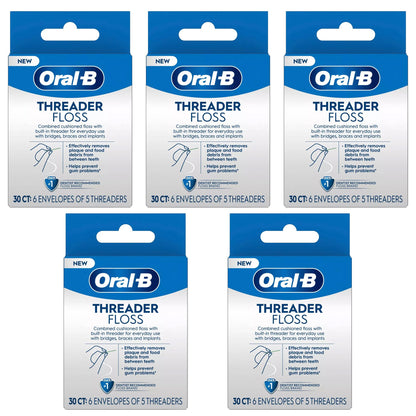 Oral-B Threader Floss 30 Count – 6 Envelopes of 5 Threaders (Pack of 5)
