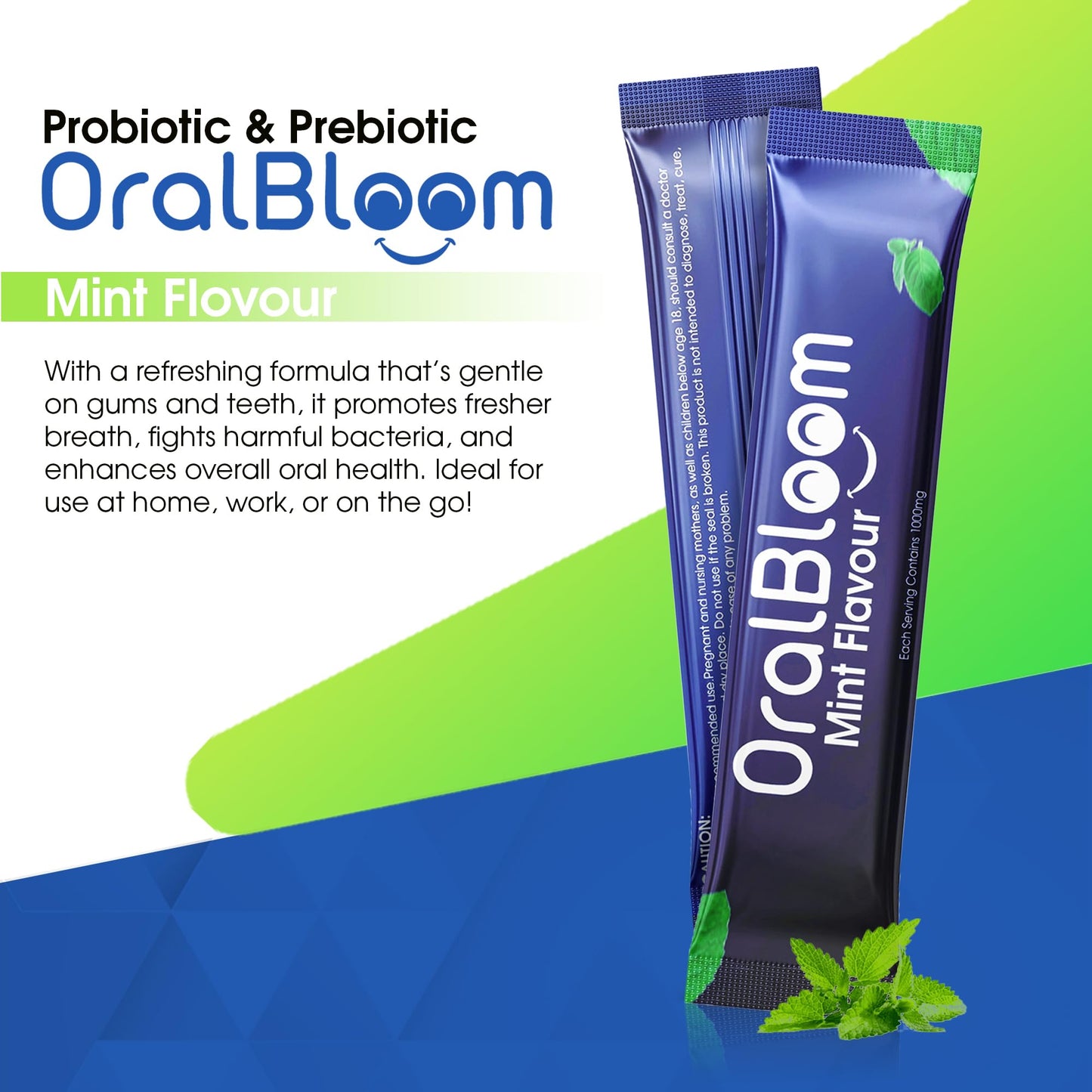Oral Bloom Dentel Probiotic & Prebiotic Mouthwash – Mint, 35B CFU, 17/6, Powder (30 Pack)