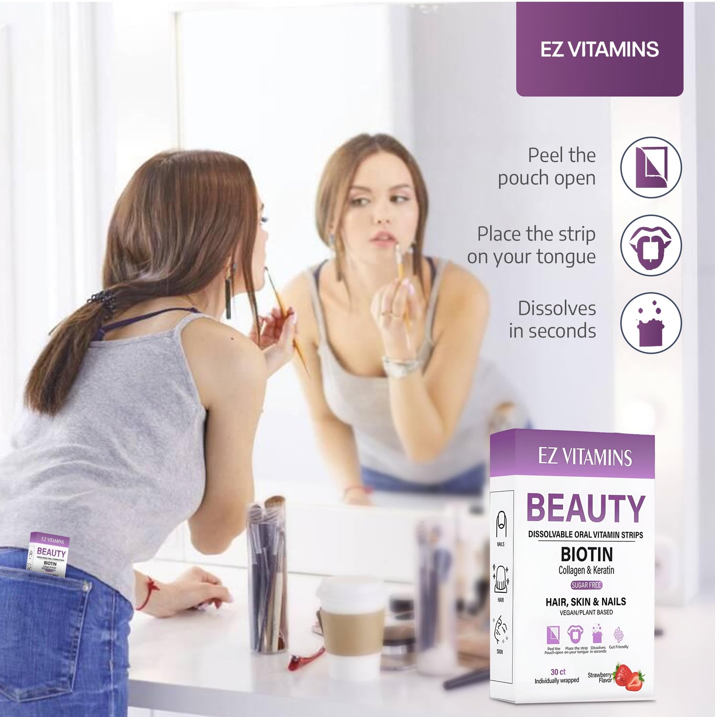 Oral Strips for Hair, Skin & Nails – Biotin, Collagen & Folate | Strawberry Flavor, Sugar Free