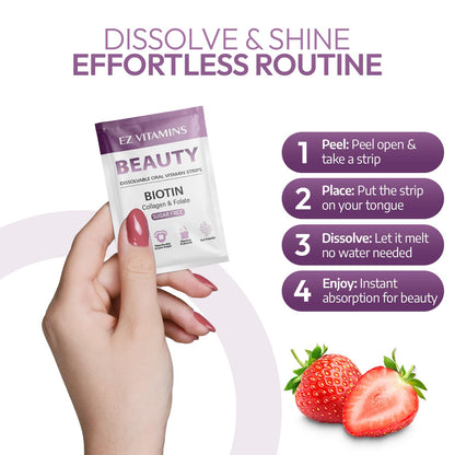 Oral Strips for Hair, Skin & Nails – Biotin, Collagen & Folate | Strawberry Flavor, Sugar Free