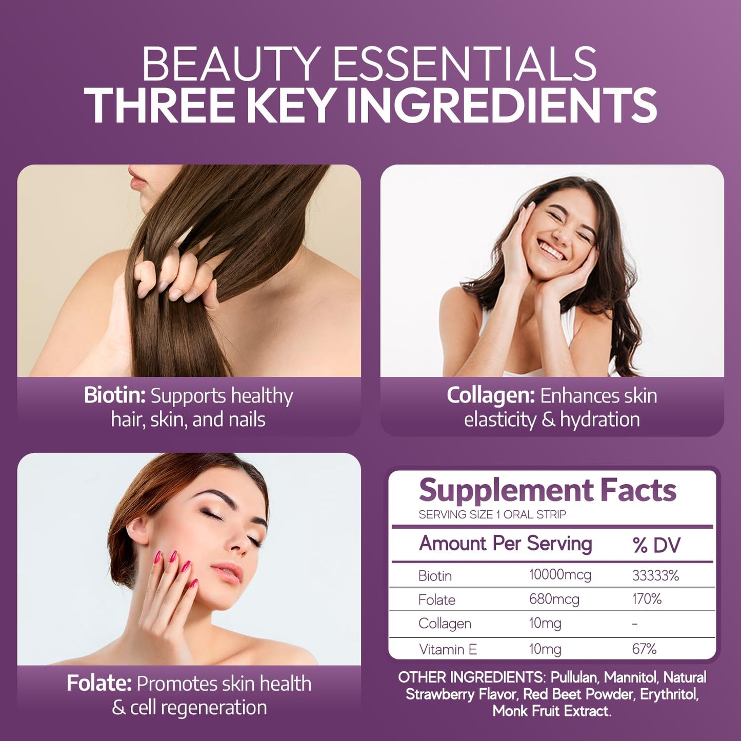 Oral Strips for Hair, Skin & Nails – Biotin, Collagen & Folate | Strawberry Flavor, Sugar Free