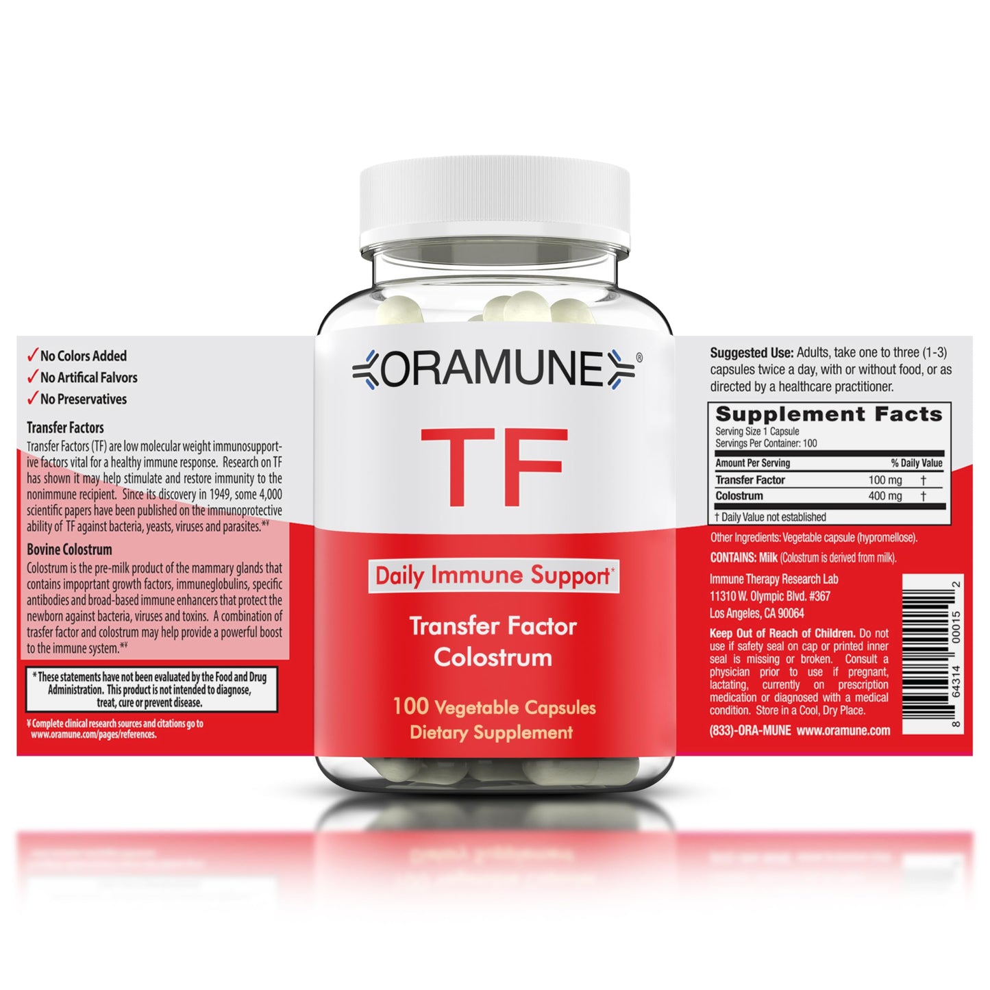 Oramune Transfer Factor & Colostrum Supplement | Bovine Colostrum Capsules for Immunity & Wellness - 100 Capsules