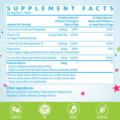 ChiQwench 500 mg Calcium + D3 & K2 with Zinc, Magnesium & Prebiotics – Orange Chewables for Kids’ Bone Health, Gluten Free, 120 Tabs
