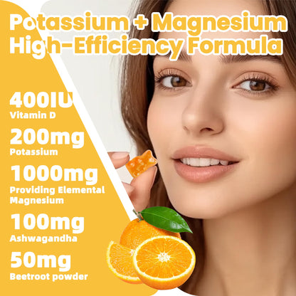 Potassium Magnesium Gummies with Ashwagandha – High Absorption Magnesium Glycinate, B6, D3, Potassium Citrate (Sugar-Free) 60 Gummies