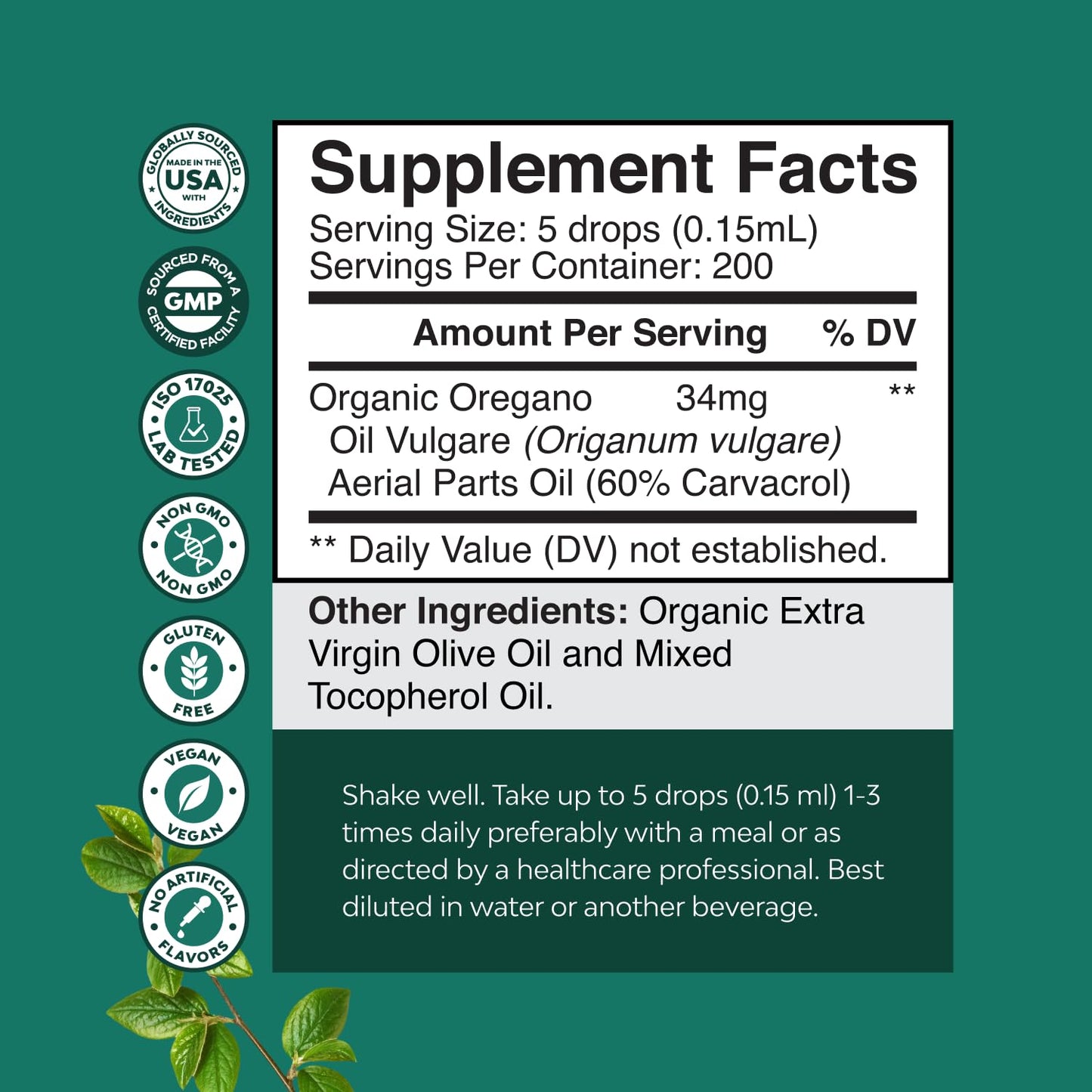 Organic Oregano Oil Drops - Super Concentrated Carvacrol 60% for Digestion & Immune Support - 30 mL