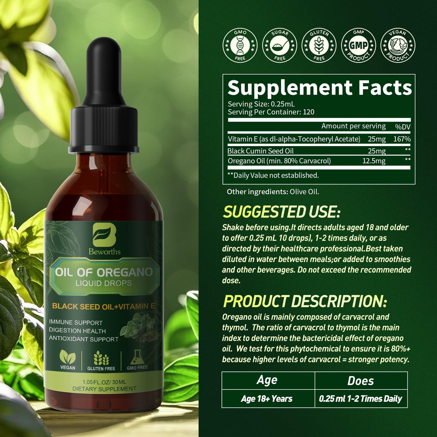 Oregano Oil Drops with Black Seed Oil & Vitamin E – Immune Support | Vegan & Non-GMO | 1 Fl Oz