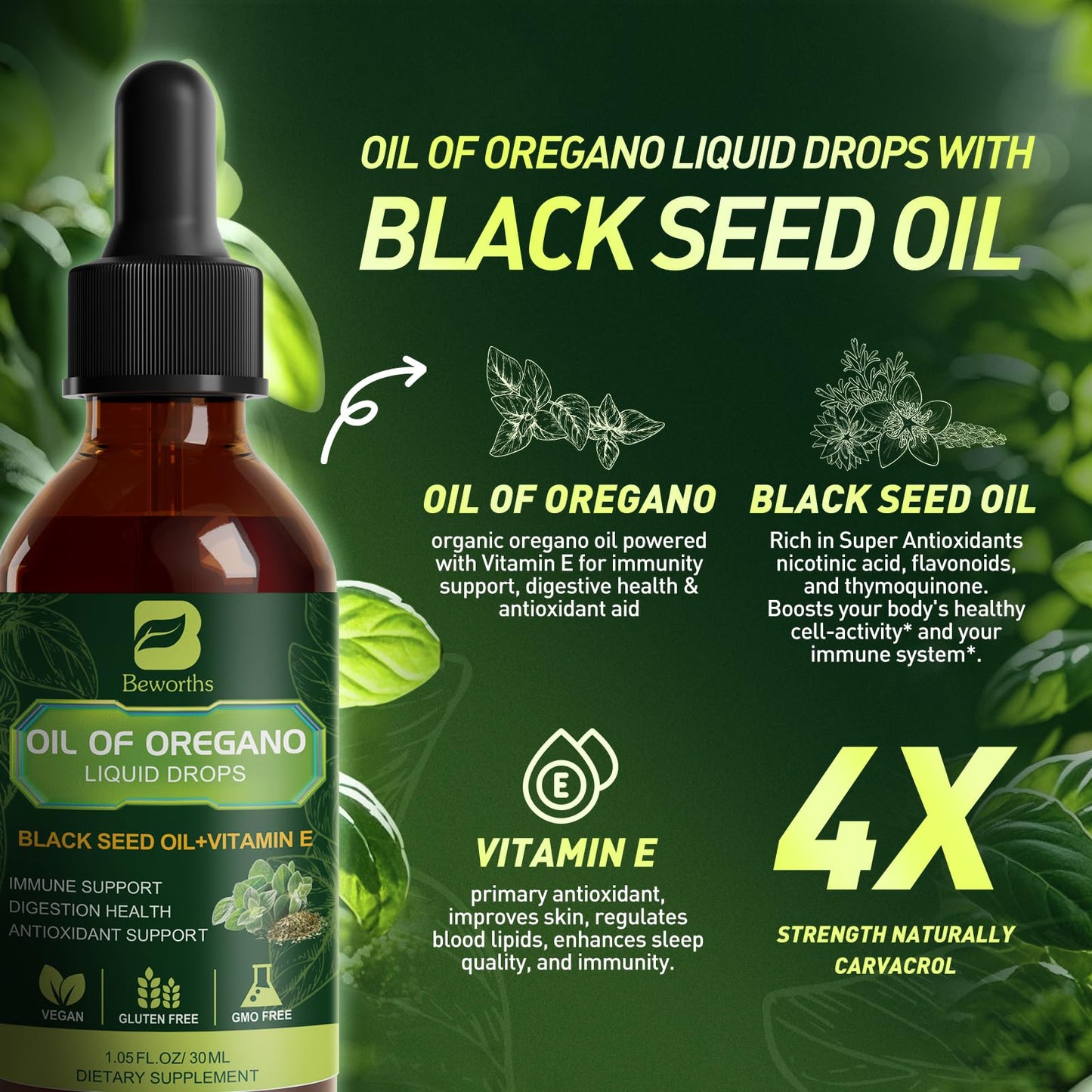 Oregano Oil Drops with Black Seed Oil & Vitamin E – Immune Support | Vegan & Non-GMO | 1 Fl Oz