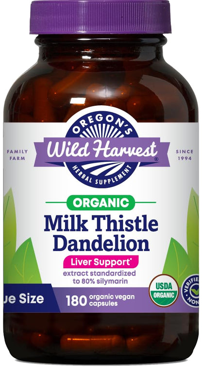 Oregon's Wild Harvest Milk Thistle & Dandelion — Organic Capsules, 180 Count