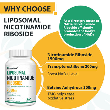 Orgabay Liposomal Nicotinamide Riboside 2000 MG with TMG and Pterostilbene – NAD+ Support for Healthy Aging, 120 Count