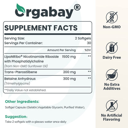 Orgabay Liposomal Nicotinamide Riboside 2000 MG with TMG and Pterostilbene – NAD+ Support for Healthy Aging, 120 Count