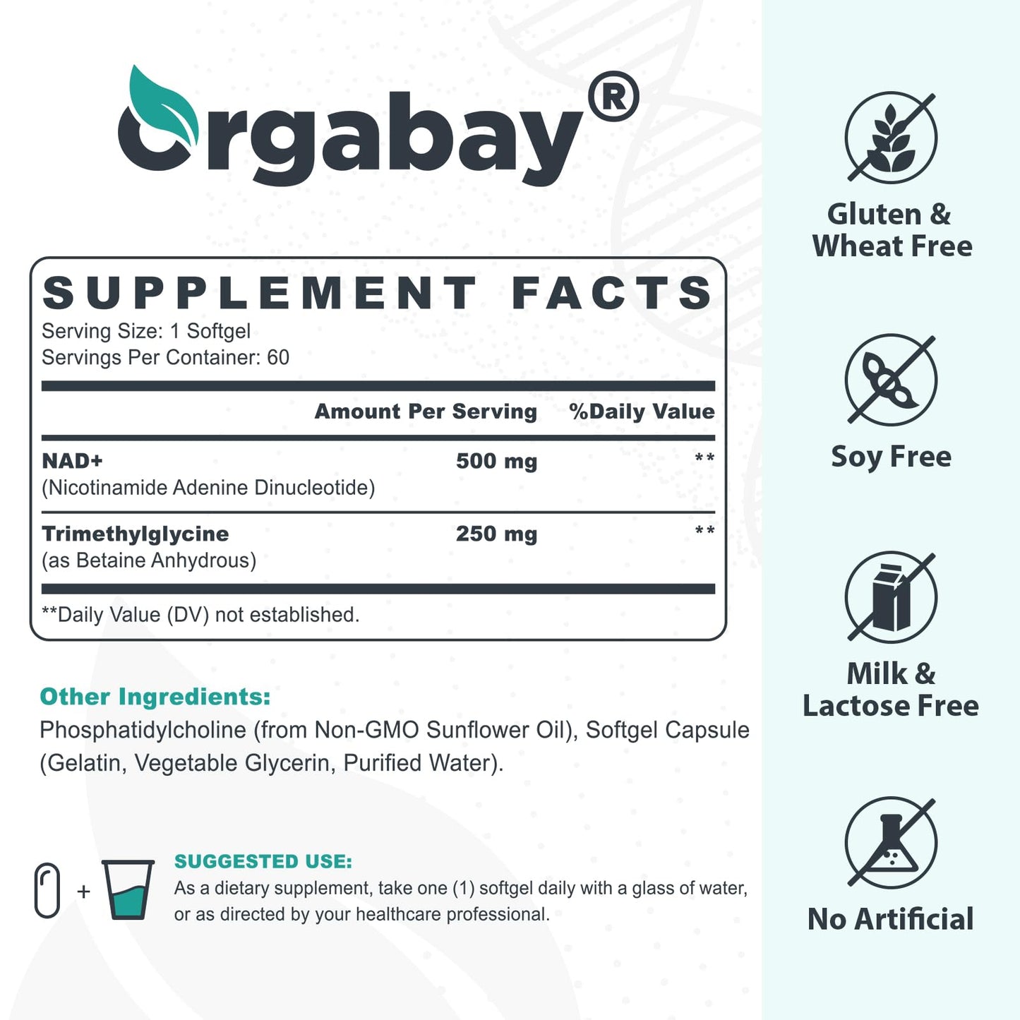 Orgabay Liposomal NAD+ Supplement 500 mg with 250 mg TMG — High Absorption, 180 Softgels